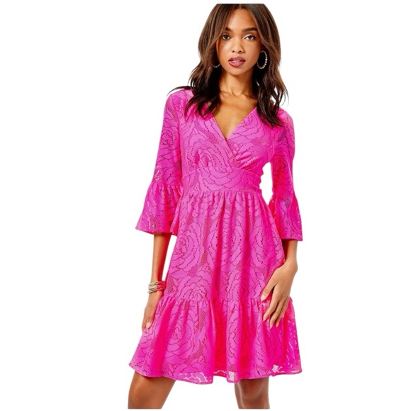 Lilly Pulitzer Dresses & Skirts - Lilly Pulitzer Cecelia Dress in Pink Tango Bungalow Blossom Lace Sz 8